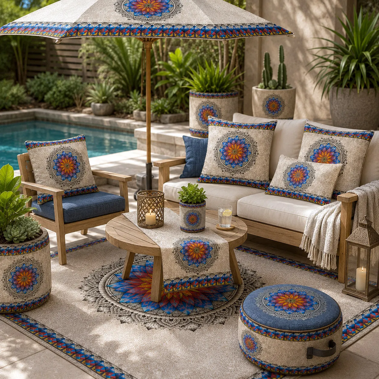 Inner Coherence design system applied to coordinated outdoor furniture, cushions, and accessories.
