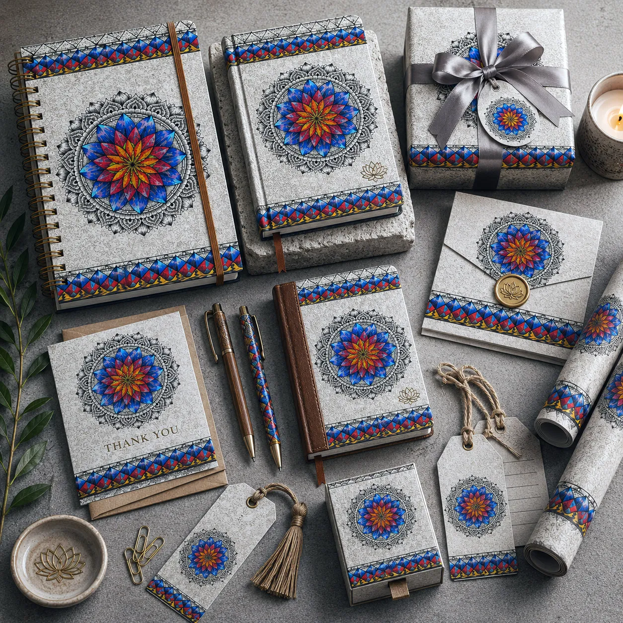 Inner Coherence design system applied to coordinated stationery, journals, gift