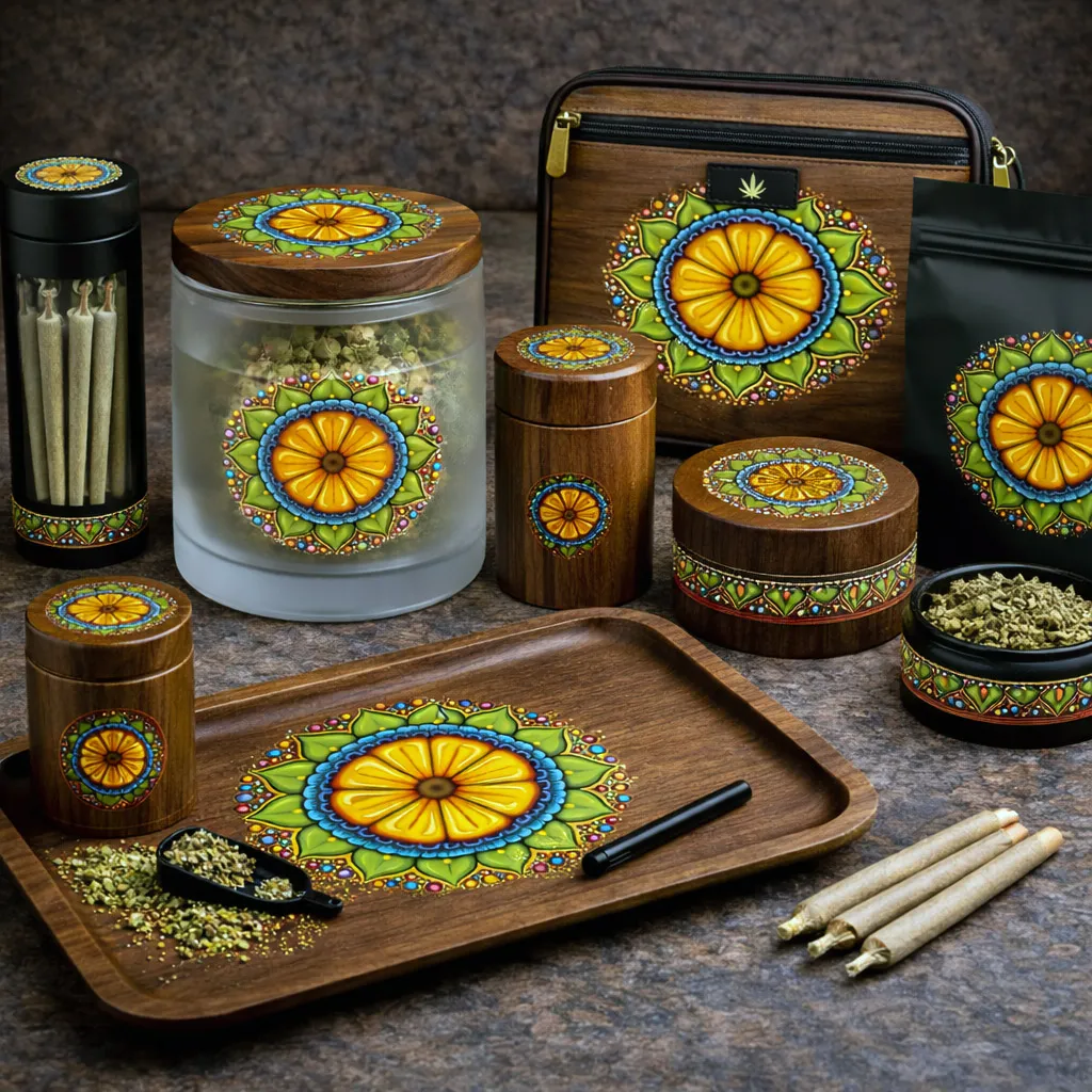 Cannabis products and accessories featuring the Surrender to Grace design system.