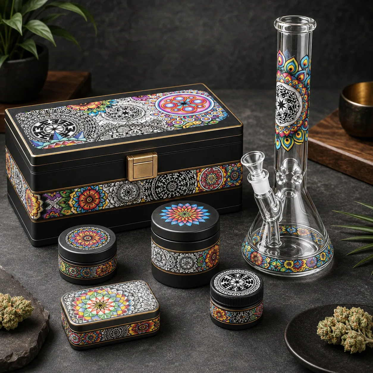 Cannabis lifestyle products featuring original Flowstate artwork.