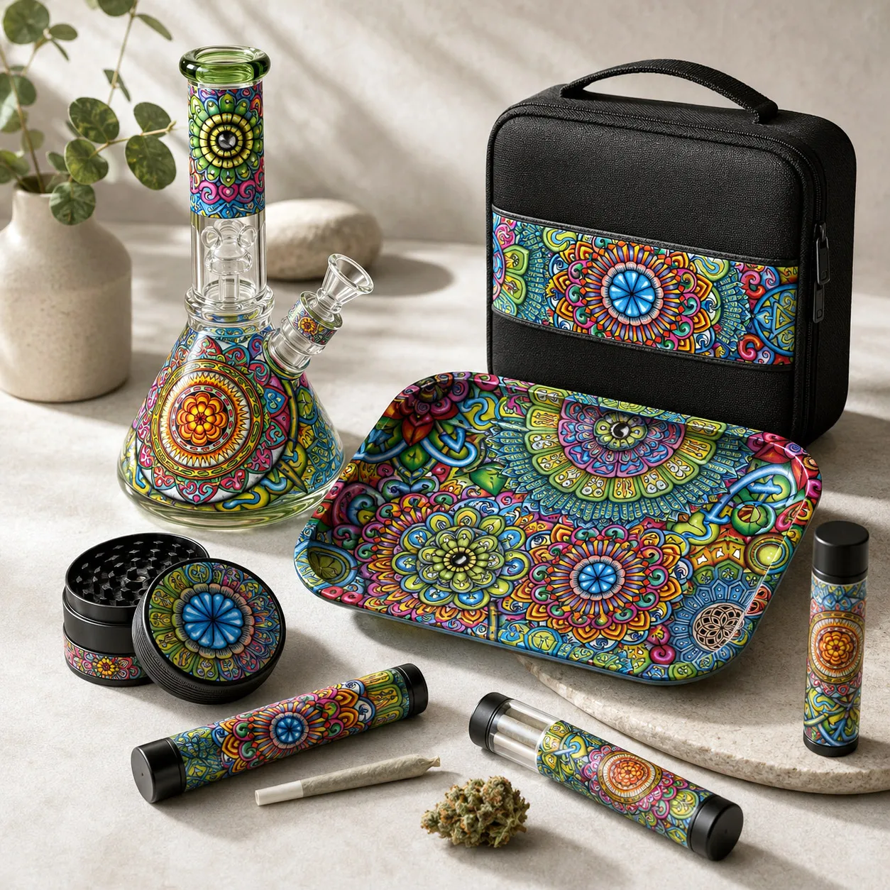 Premium cannabis accessories featuring Mandala Collage 7.