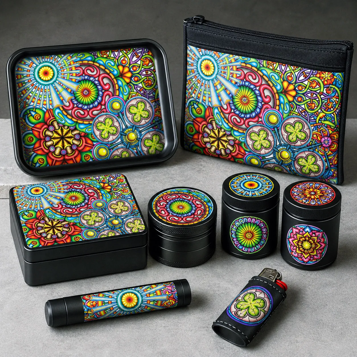 Cannabis lifestyle products featuring original Flowstate artwork.