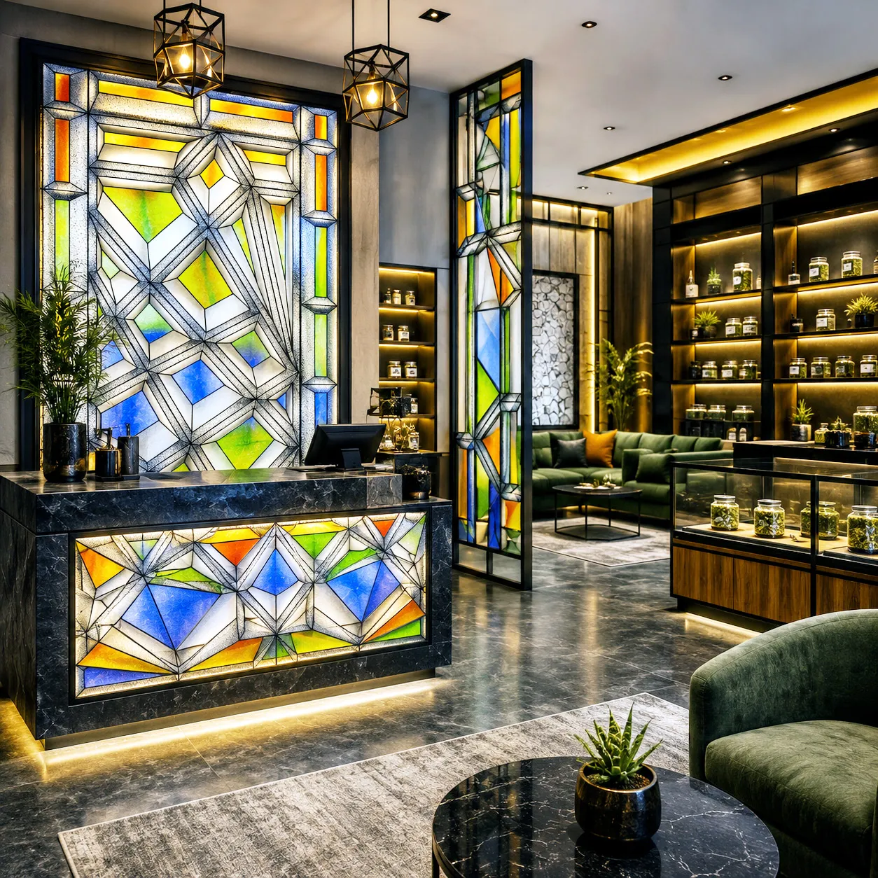 Retail lobby featuring a Stained Glass architectural installation.