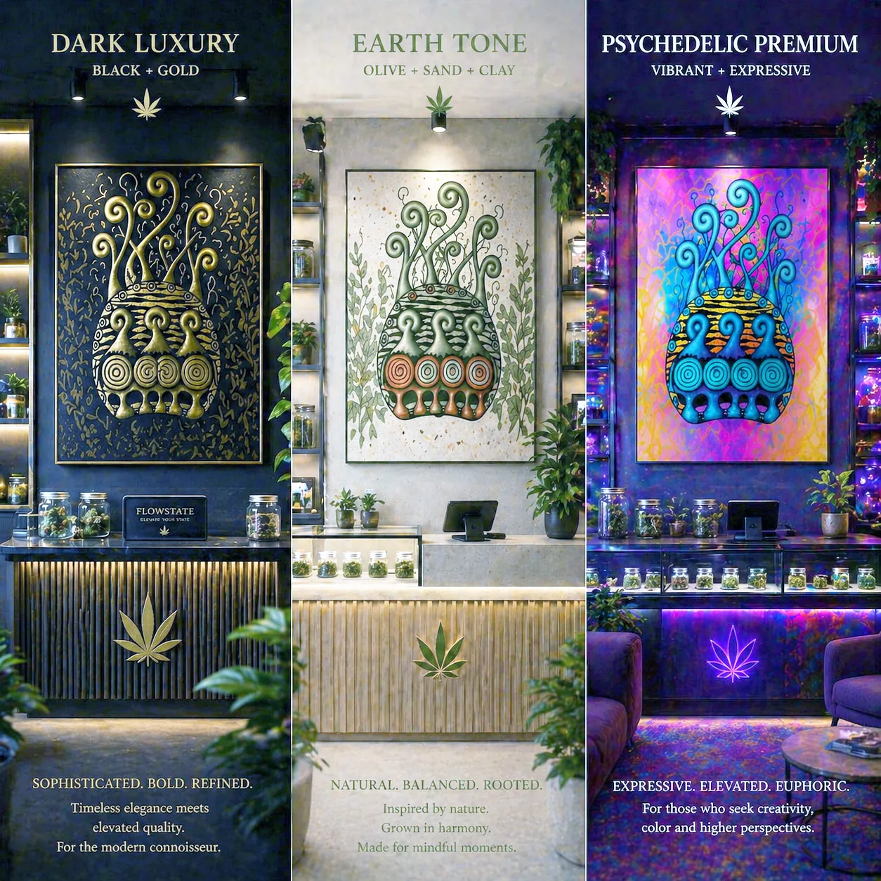 Cannabis retail wall decor featuring the Creative Mind design system.