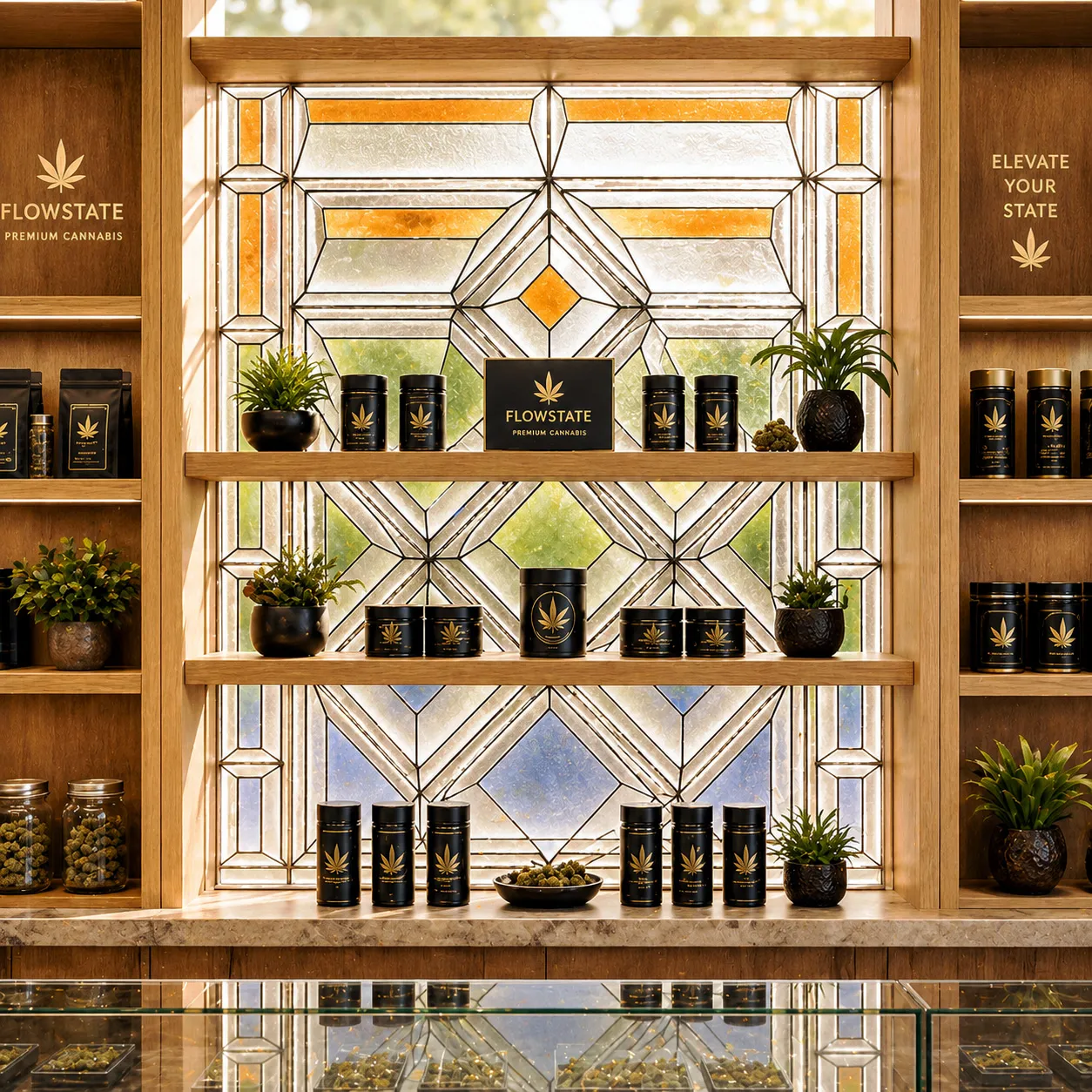Cannabis retail interior featuring a Stained Glass wall installation.