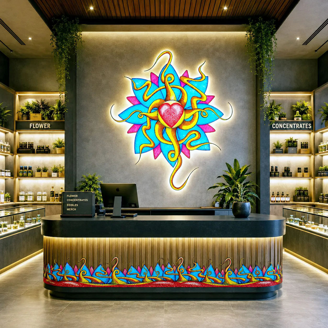 Retail interior featuring a backlit Wild At Heart acrylic wall installation.
