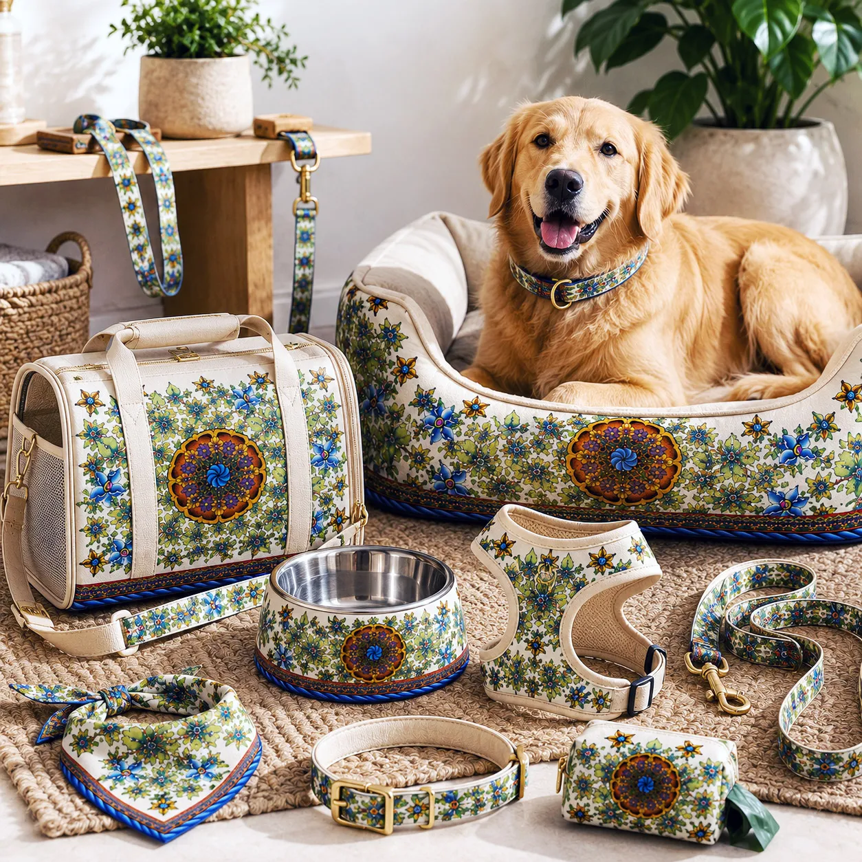 Pet accessories featuring the Wall Flowers design system.