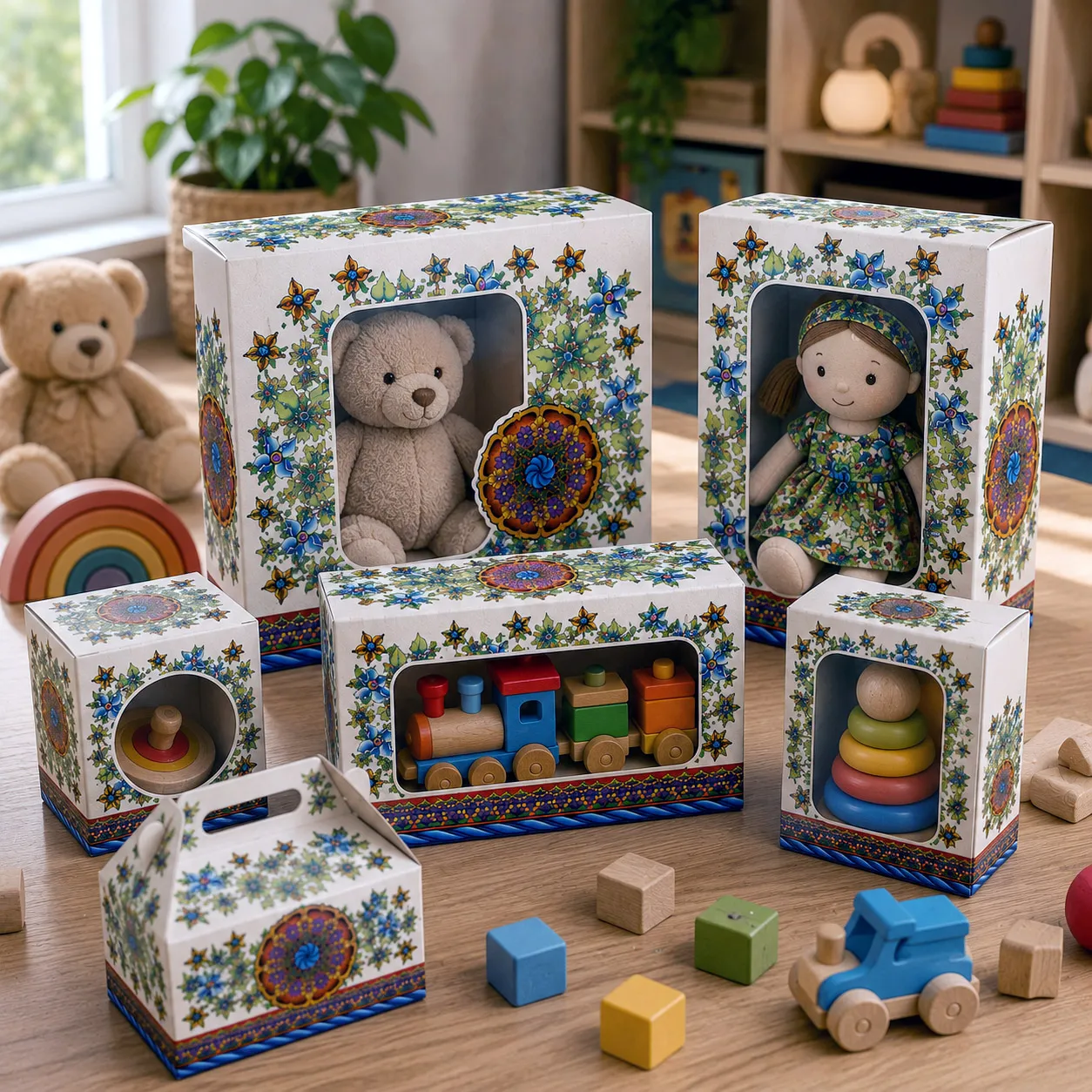 Toy packaging featuring the Wall Flowers design system.