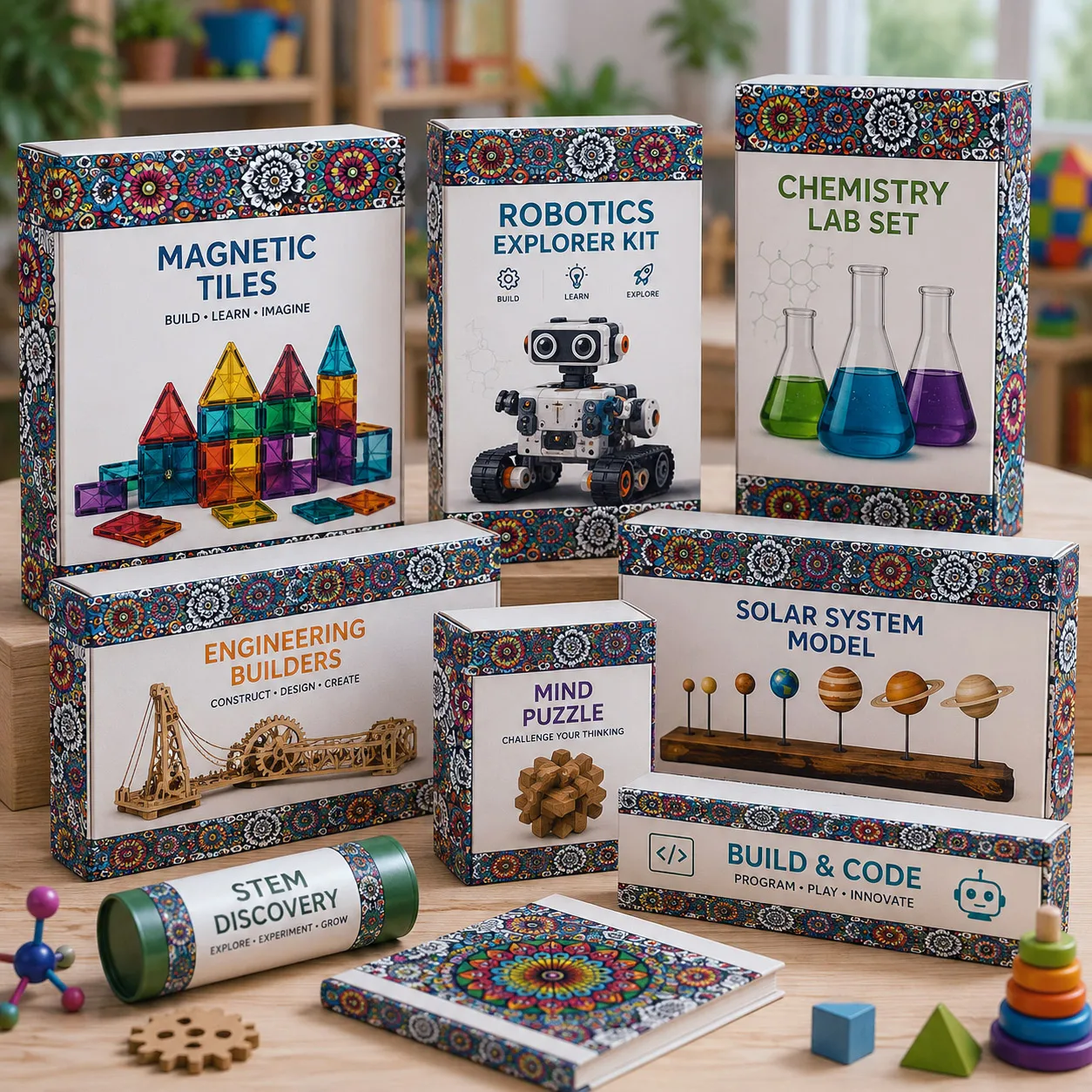 STEM and toy packaging featuring Mandala Collage 1.