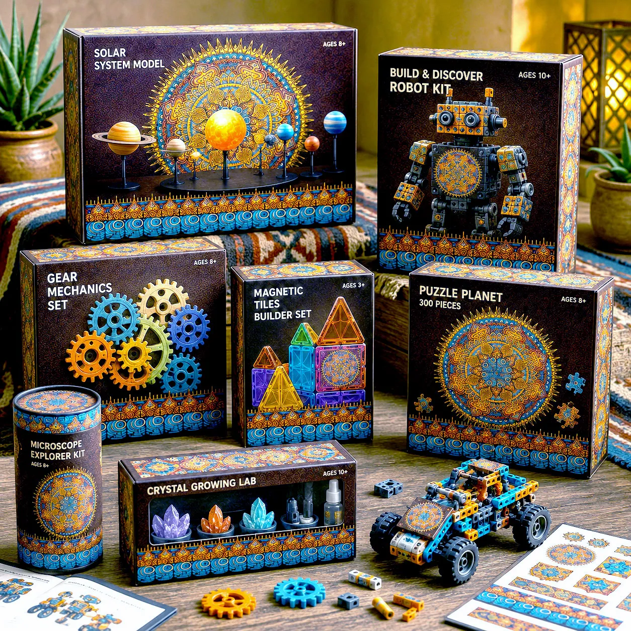 STEM and toy packaging featuring the Desert Flame design system.