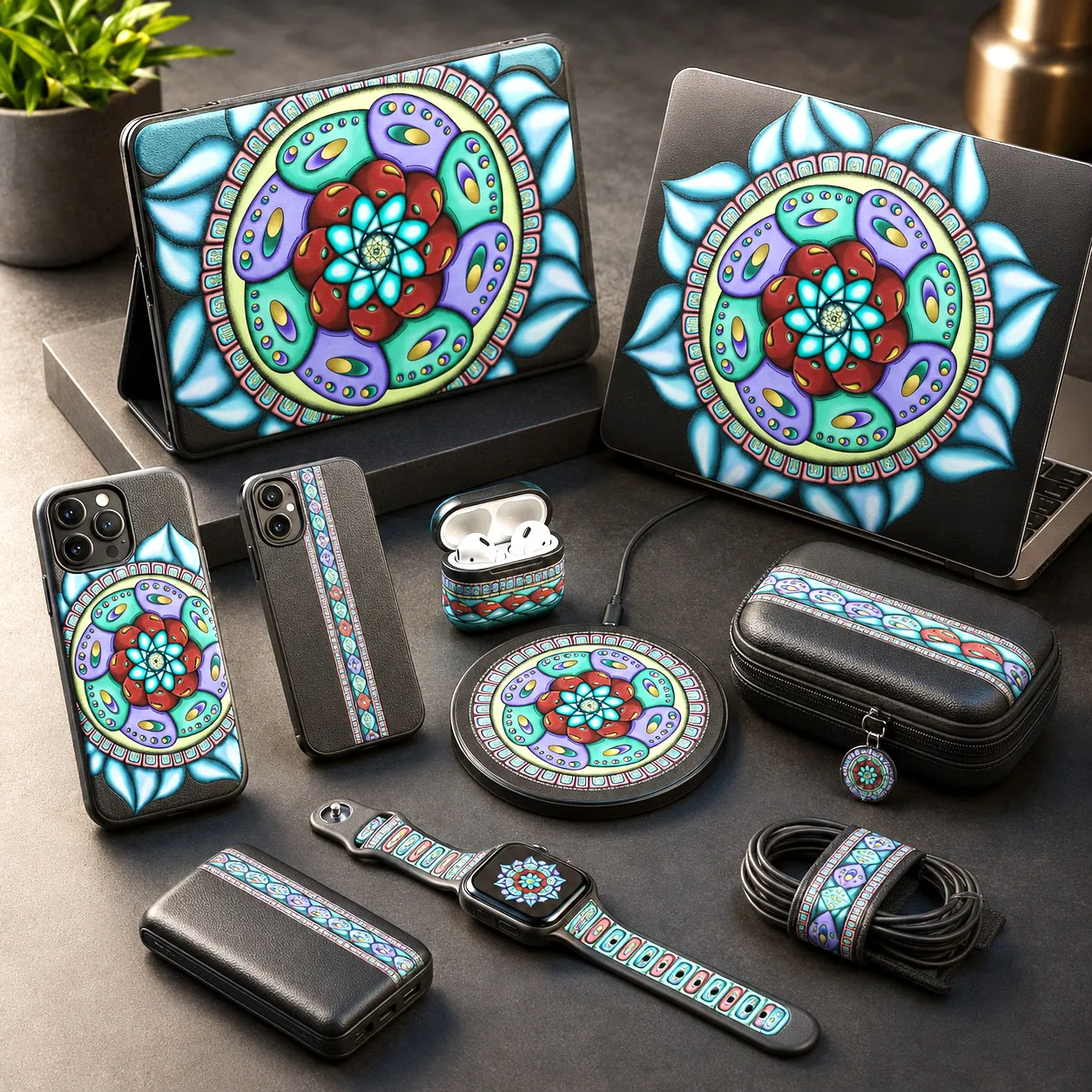 Protective tech accessories featuring the Atom Heart Flower design system.