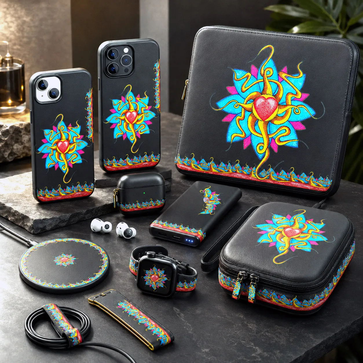Protective tech accessories featuring the Wild At Heart design system.