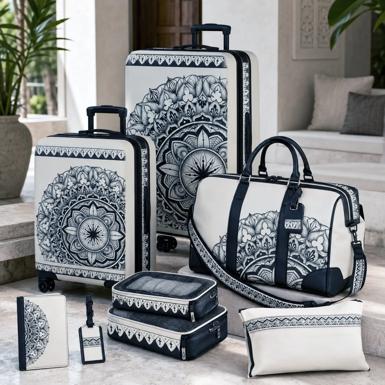 Premium luggage featuring the Rhythmic Pulse design system.