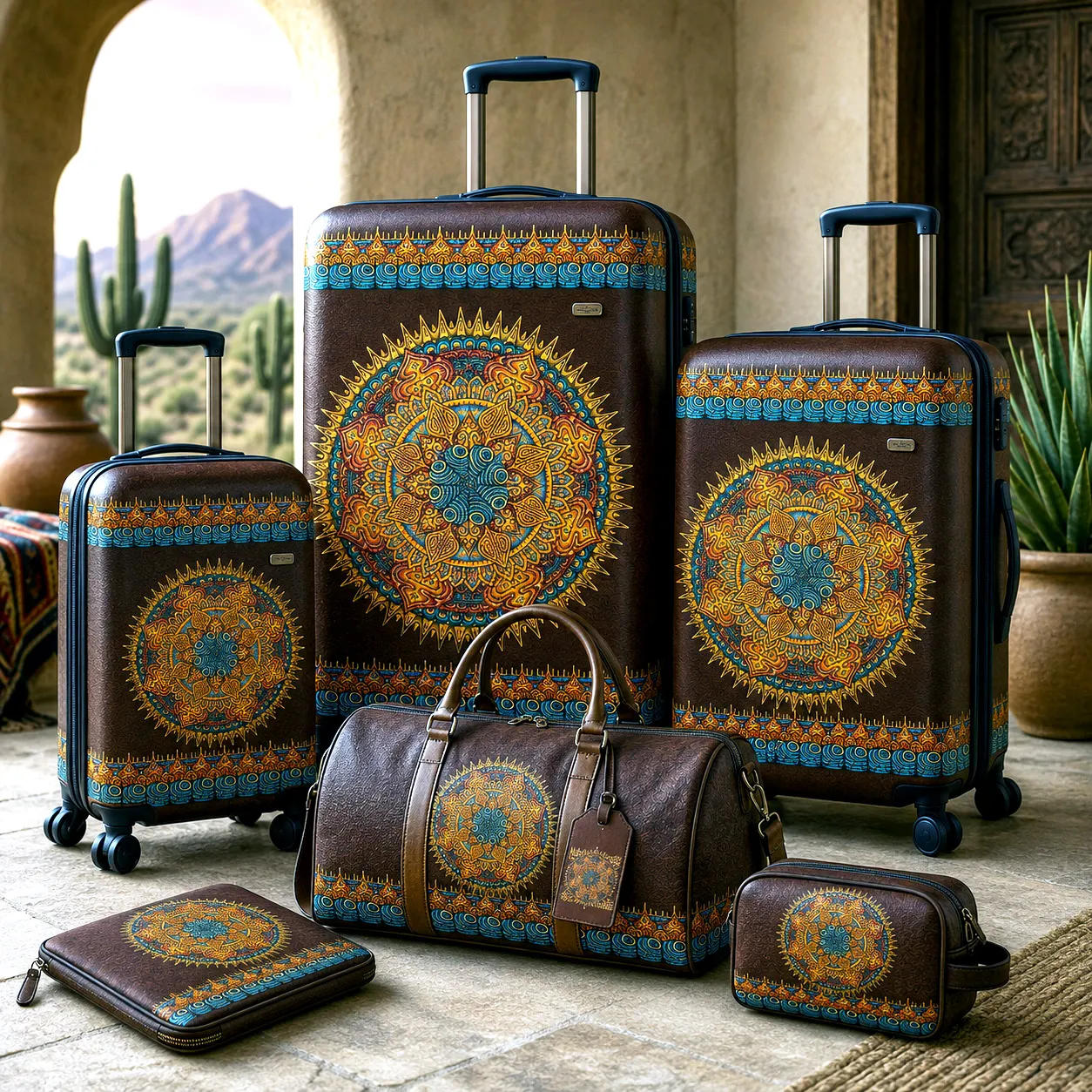 Premium luggage featuring the Desert Flame design system.