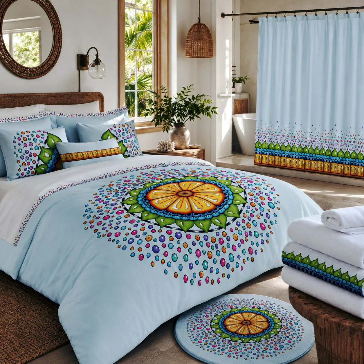 Bedding and bath products featuring the Surrender to Grace design system.