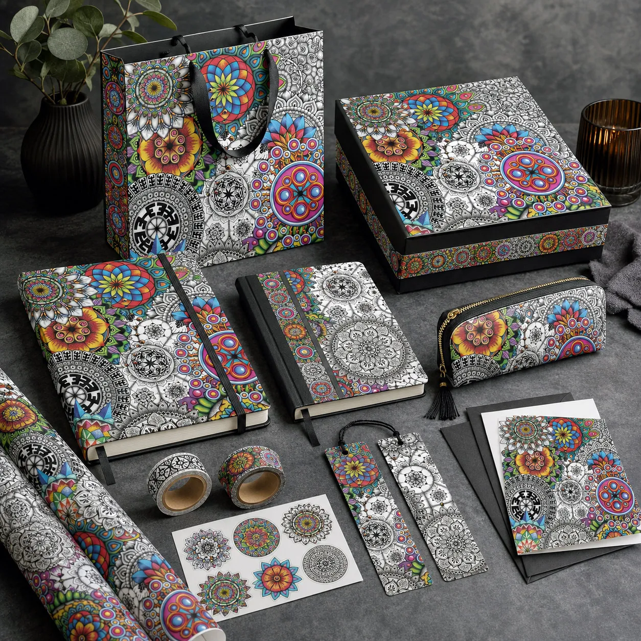 Stationery, journals, and gift packaging featuring Mandala Collage 1.