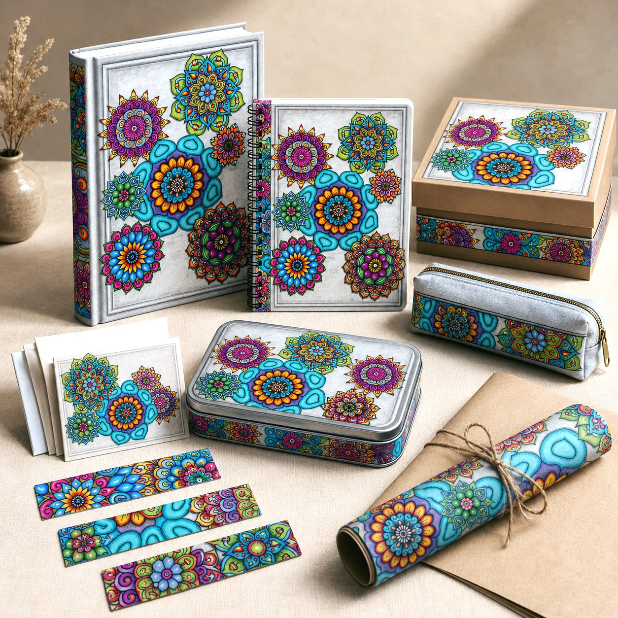 Stationery, journals, and gift products featuring Mandala Collage 4.