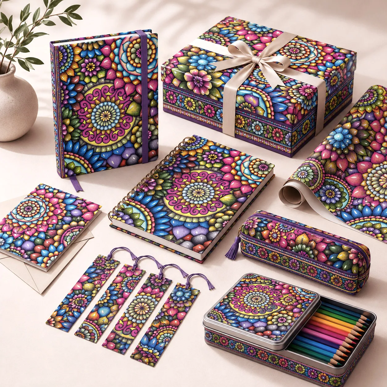 Stationery, journals, and gift products featuring Mandala Collage 2.
