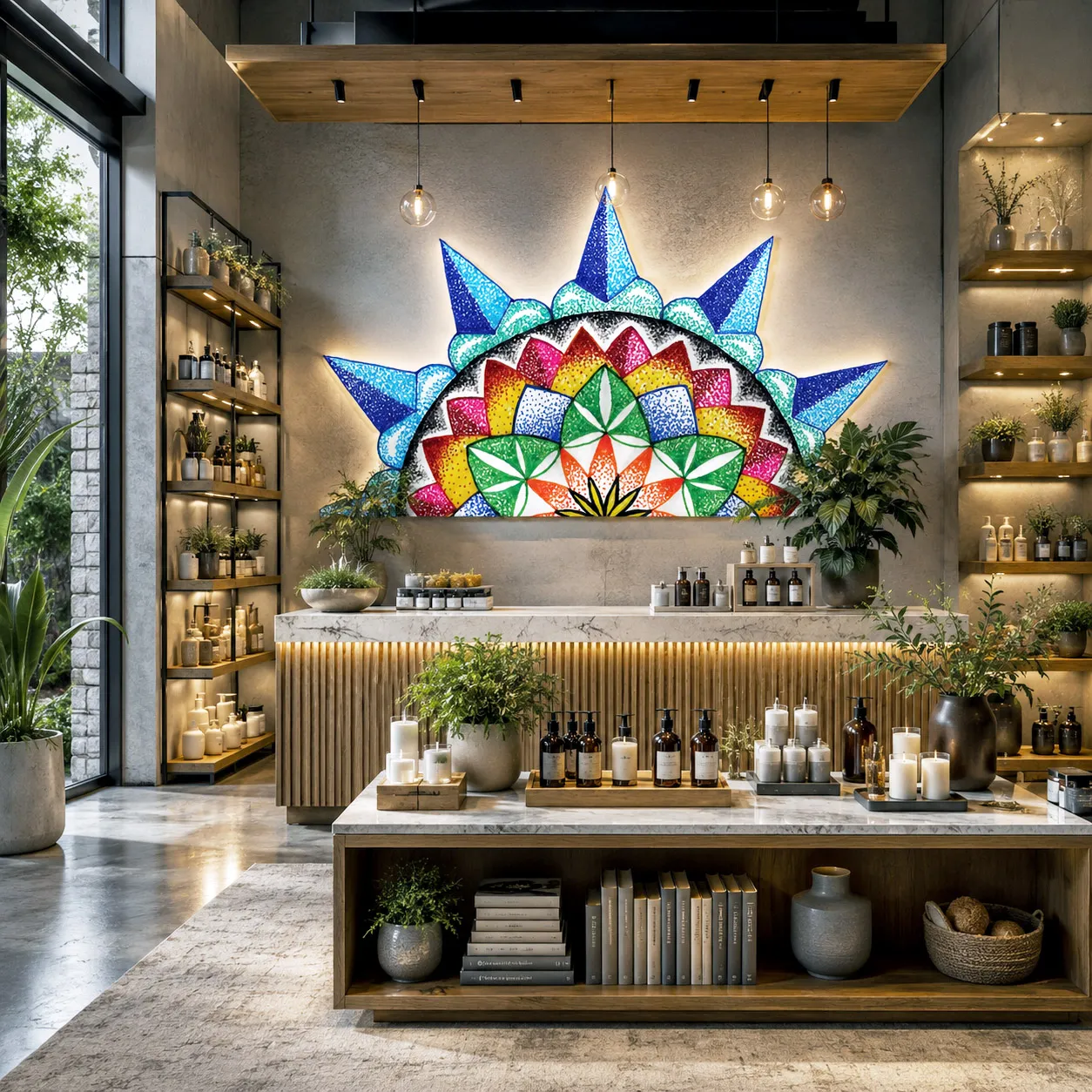 Retail lobby featuring the 420 Sacred Geometry design system.