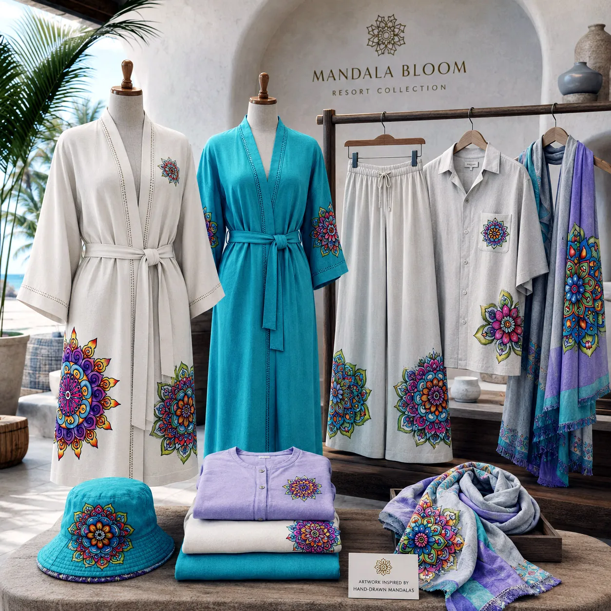 Resort apparel featuring Mandala Collage 4.