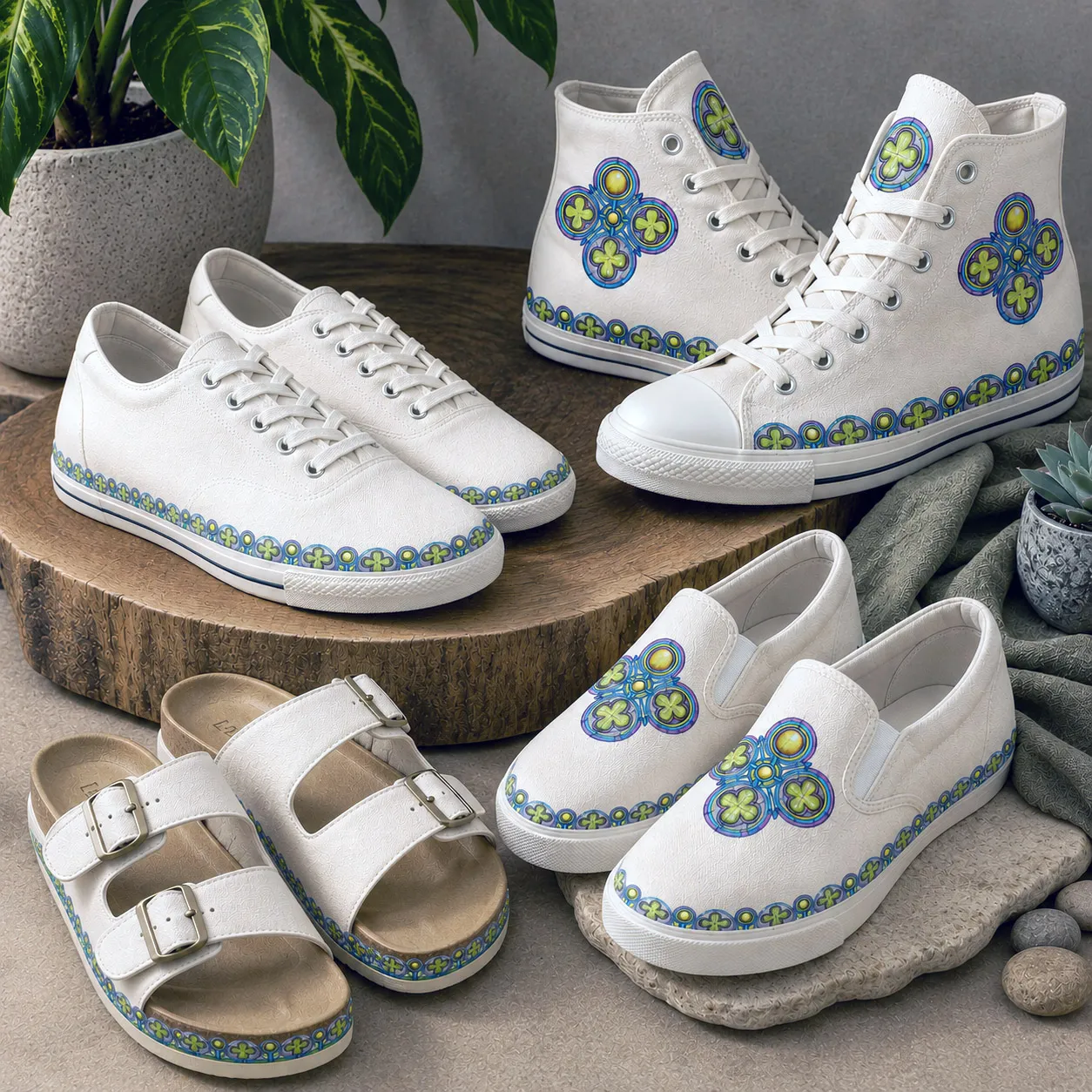 Premium footwear featuring the Ancestral Luck design system.
