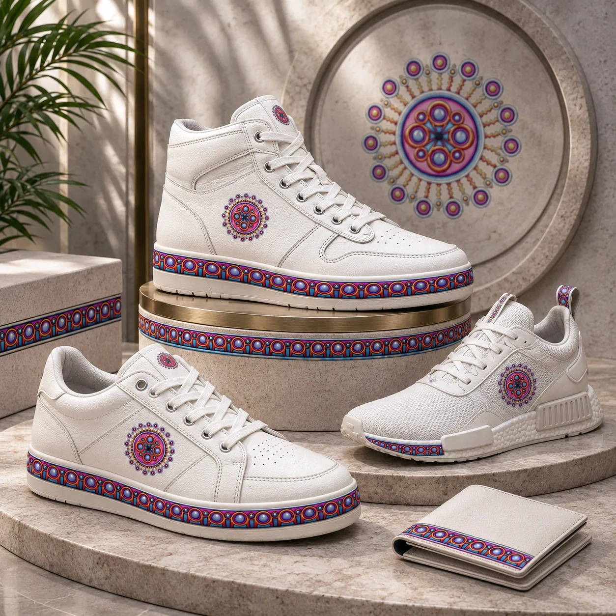 Premium footwear featuring the Corona de Mandala design system.