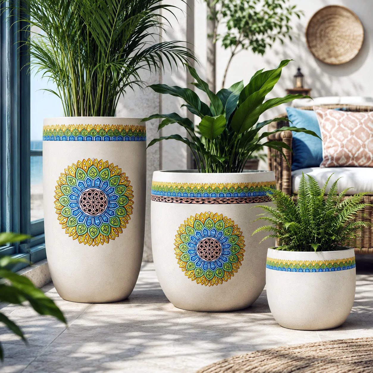 Decorative outdoor planters featuring the Crown design system.