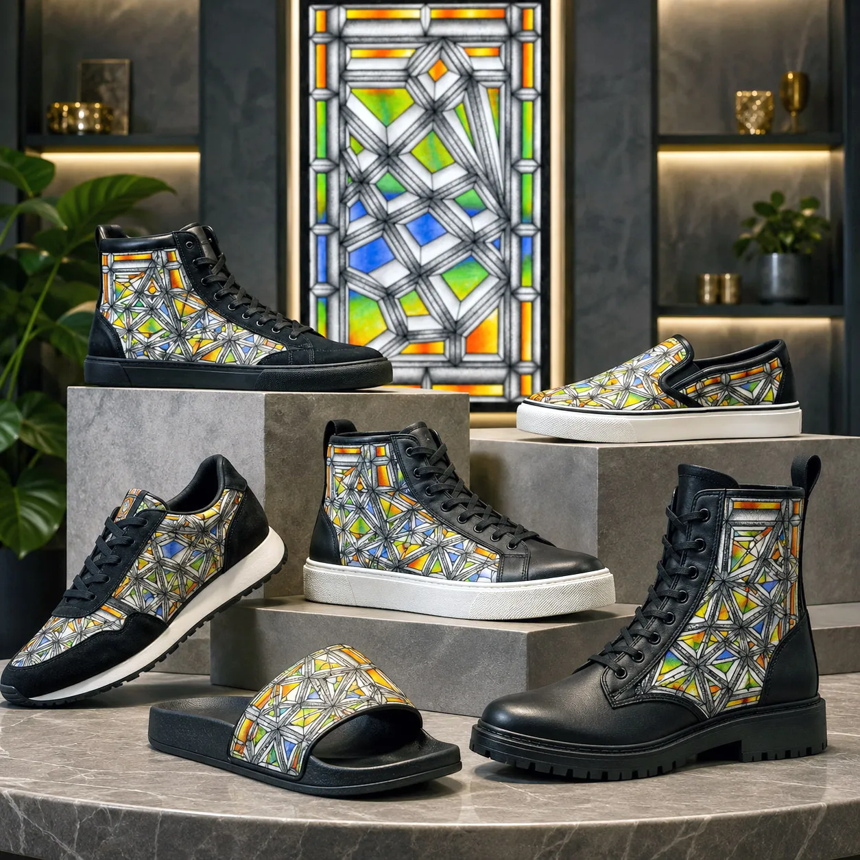 Premium footwear featuring the Stained Glass design system.