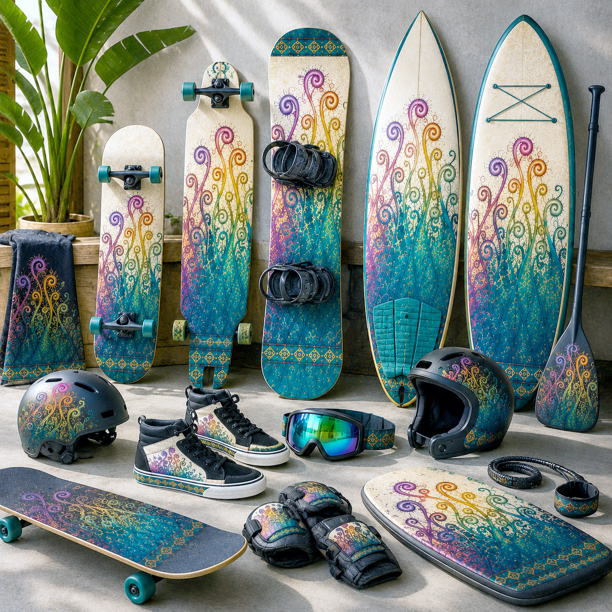 Premium board sports equipment and accessories created using original Flowstate Design Systems.