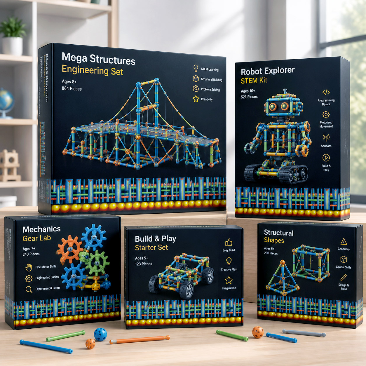Premium toy packaging and educational products created using original Flowstate Design Systems.