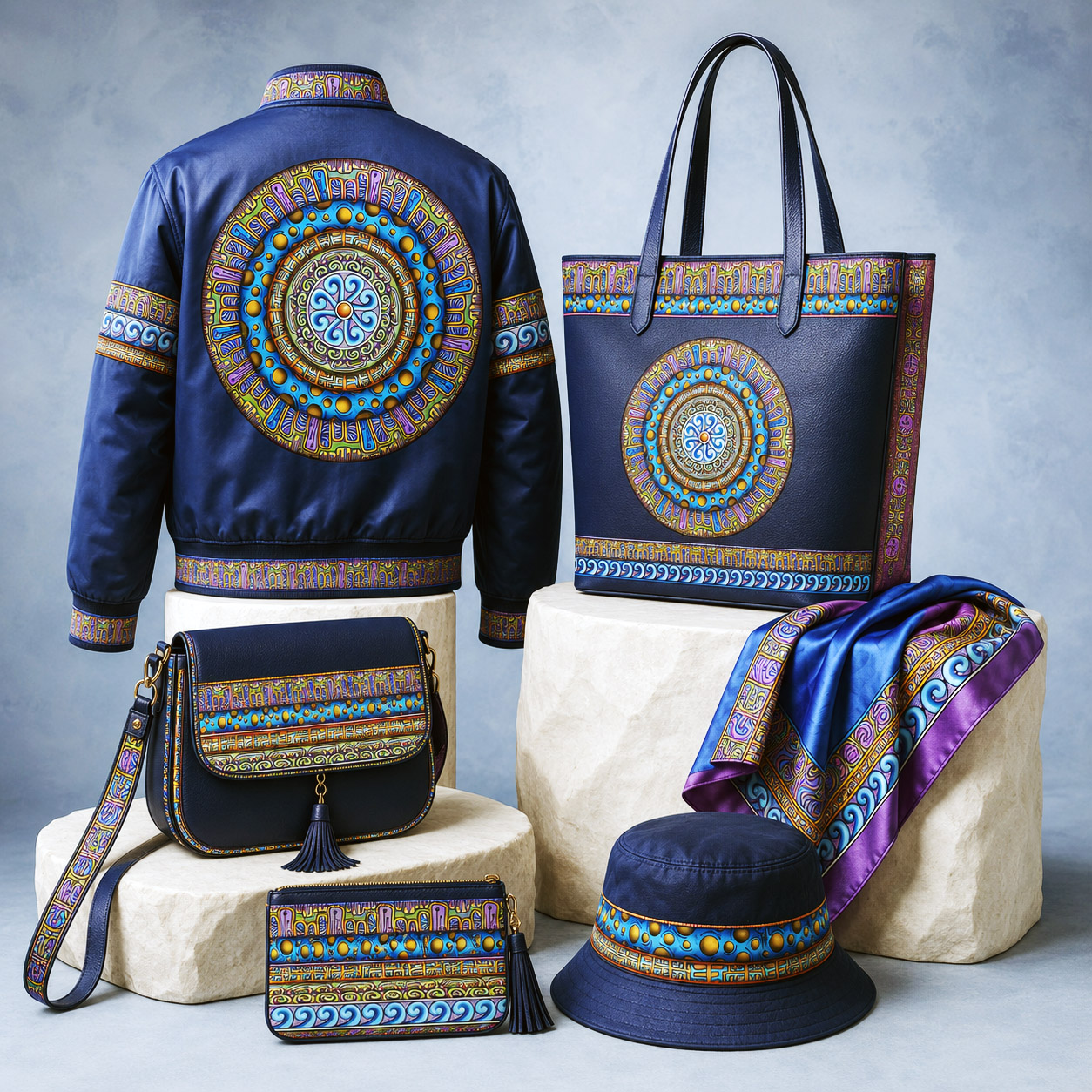 Premium apparel and fashion accessories created using original Flowstate Design Systems.
