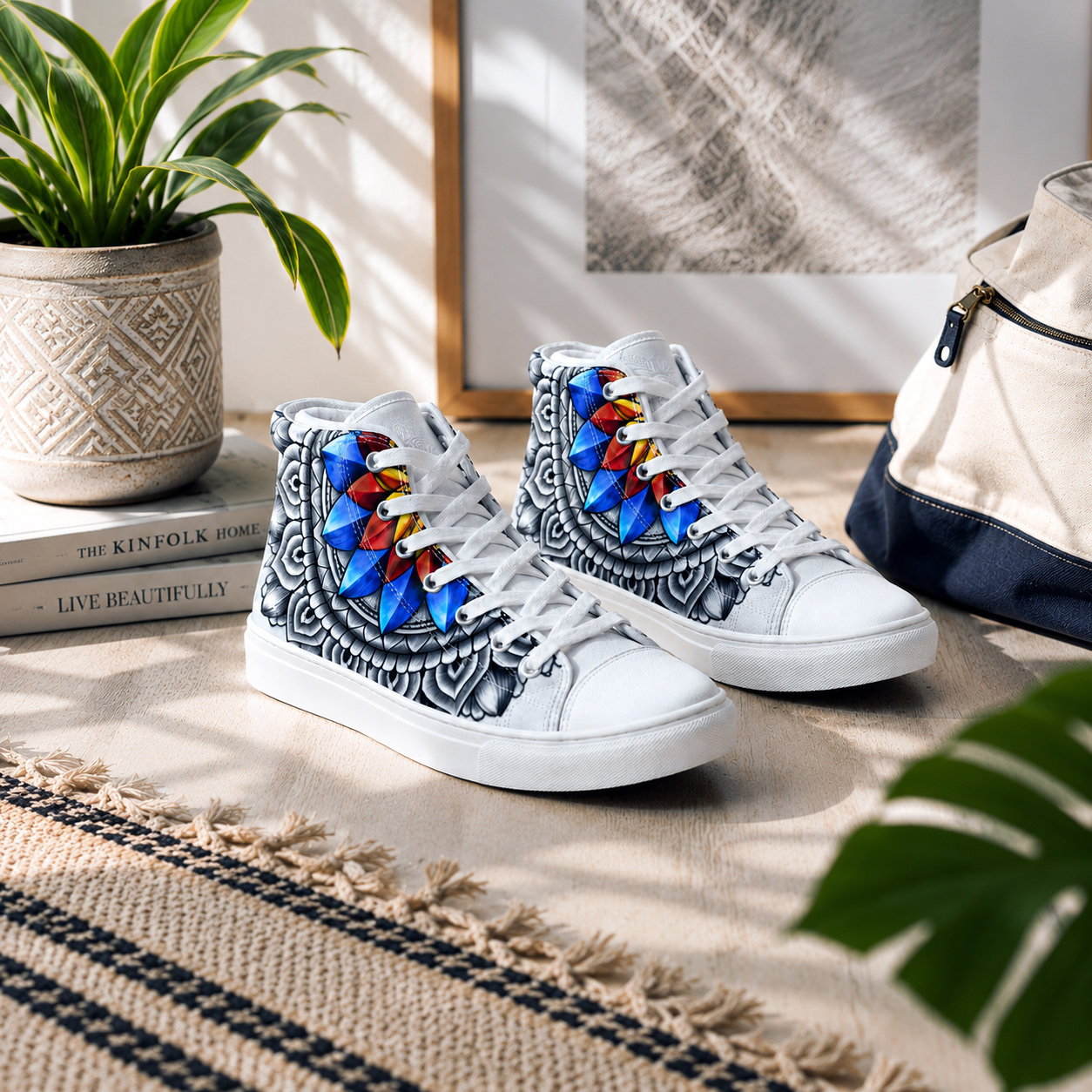Inner Coherence design system applied to a pair of white high-top sneakers with black-and-white mandala patterns and colorful geometric accents.