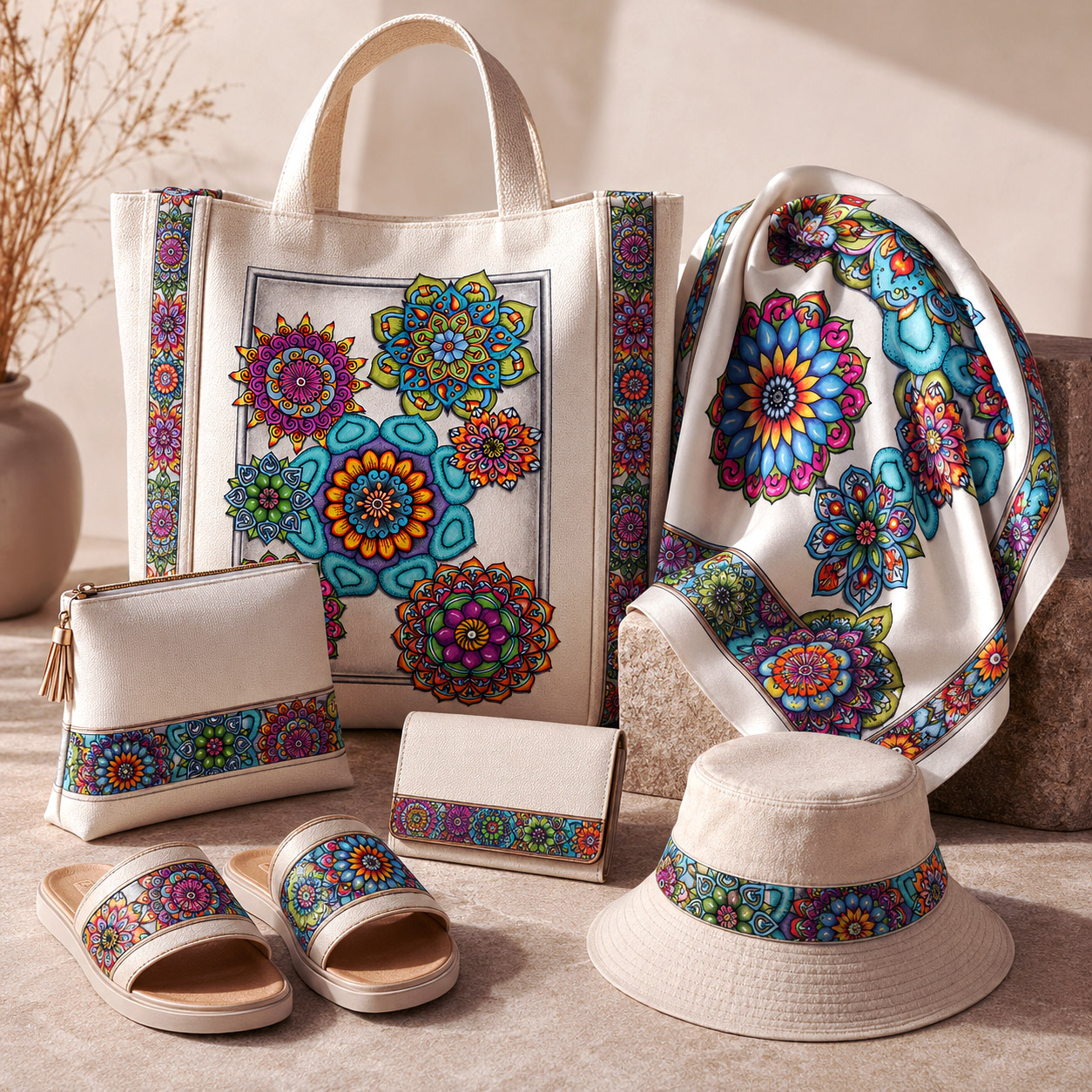 Leather goods and fashion accessories featuring Mandala Collage 4.