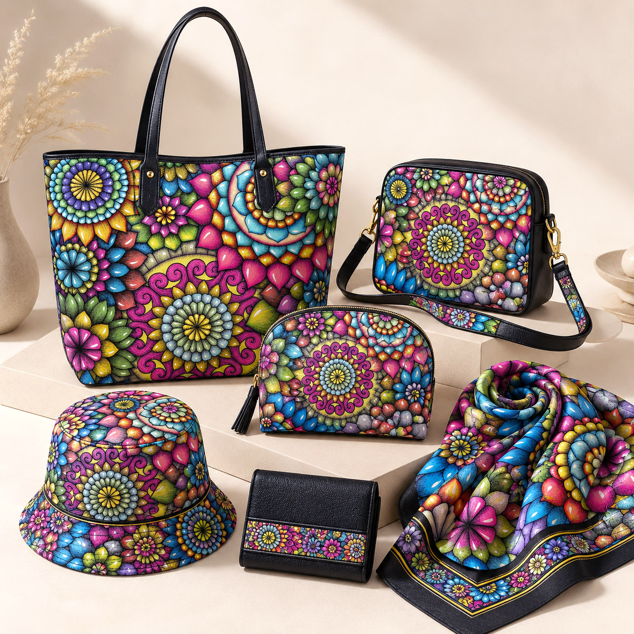 Leather goods and fashion accessories featuring Mandala Collage 2.