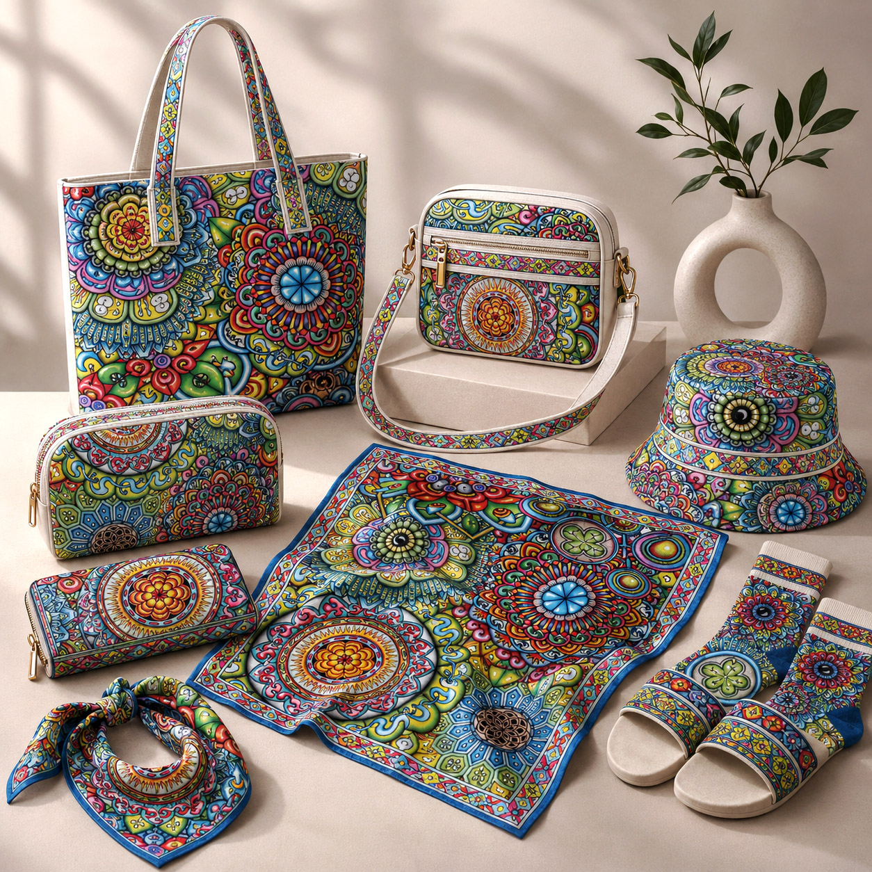 Leather goods and fashion accessories featuring Mandala Collage 7.