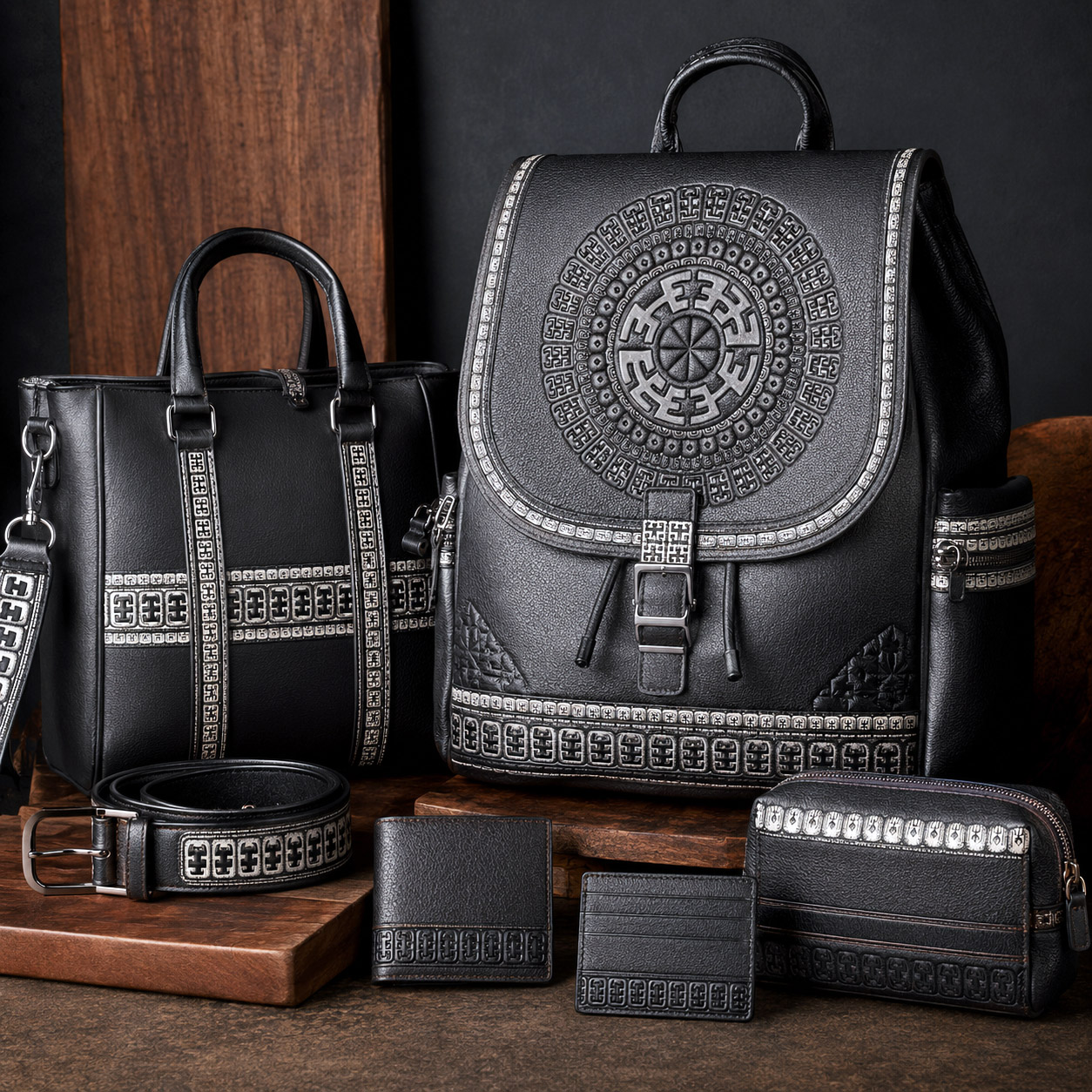 Leather goods and fashion accessories featuring the Komo design system.