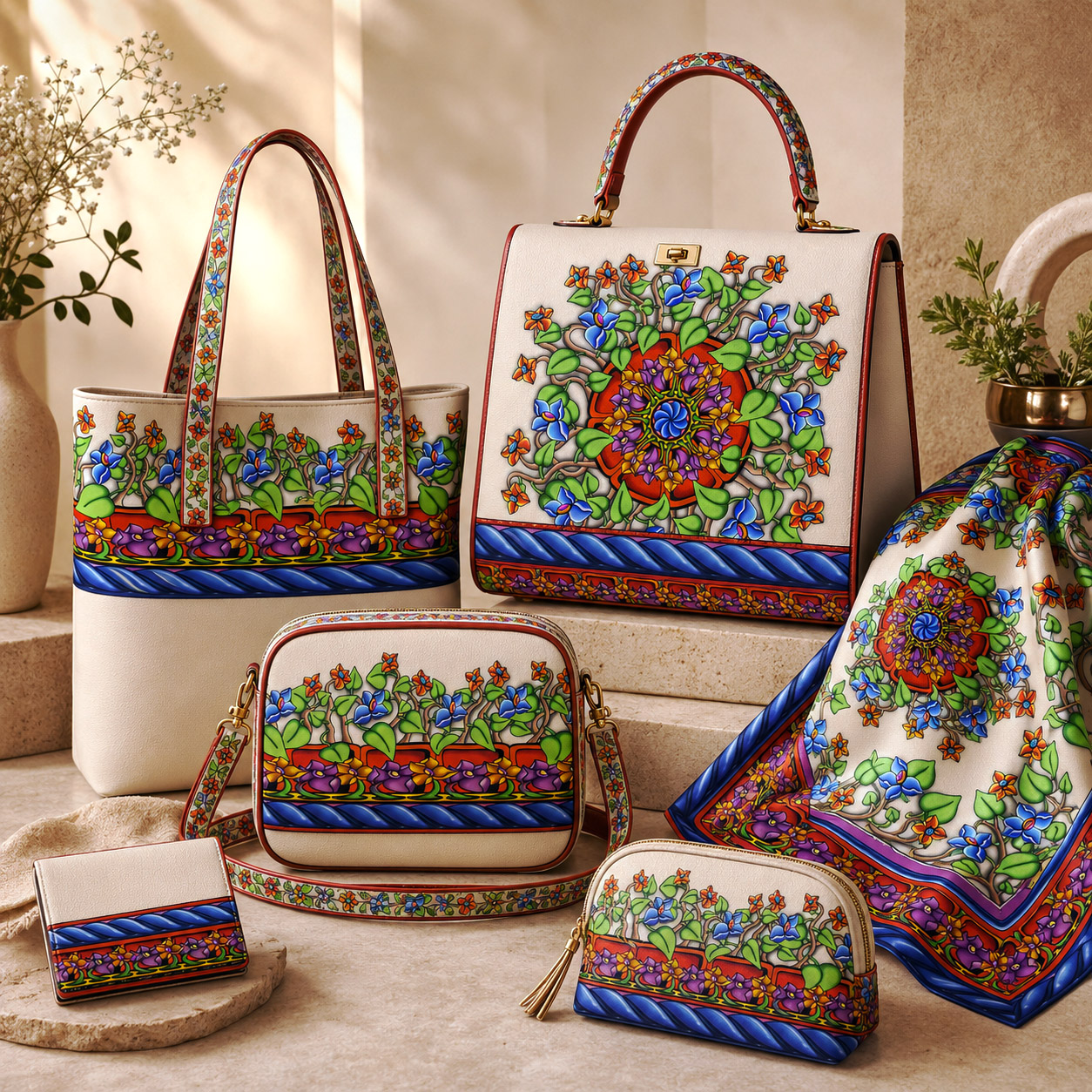 Leather goods and fashion accessories featuring the Wall Flowers design system.