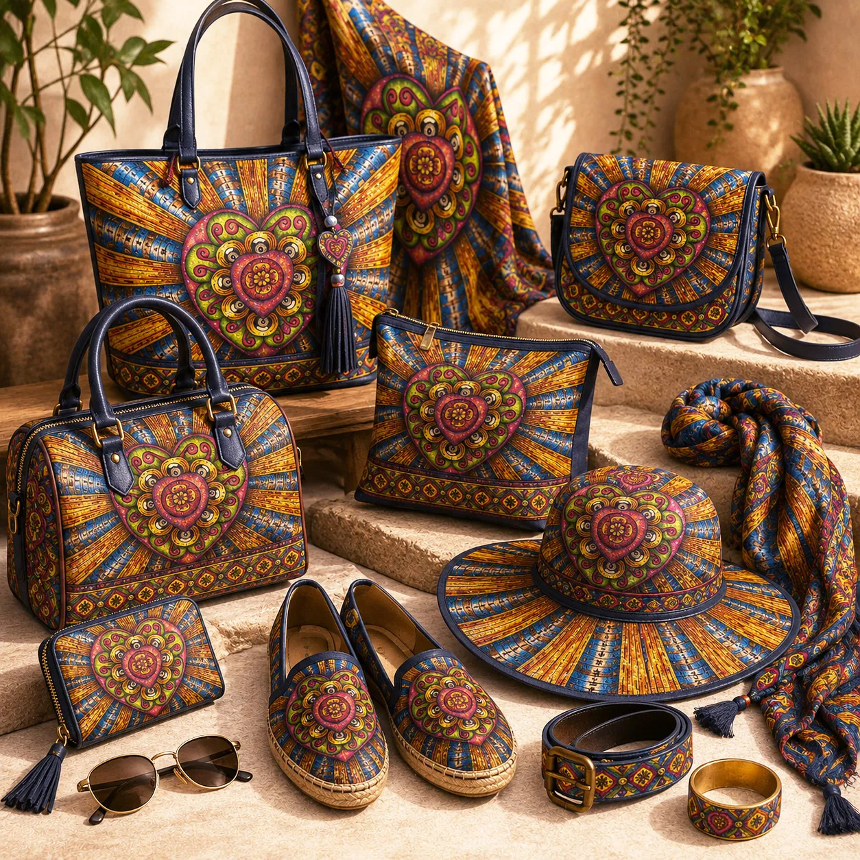 Leather goods and fashion accessories featuring the Bursting Heart design system.