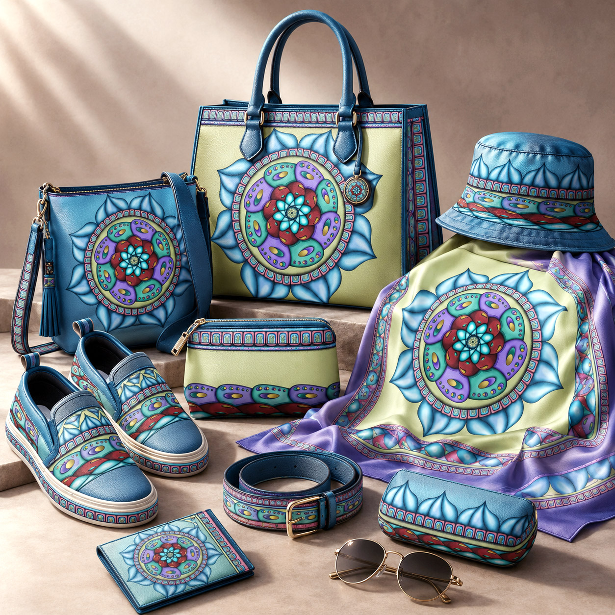 Leather goods and fashion accessories featuring the Atom Heart Flower design system.