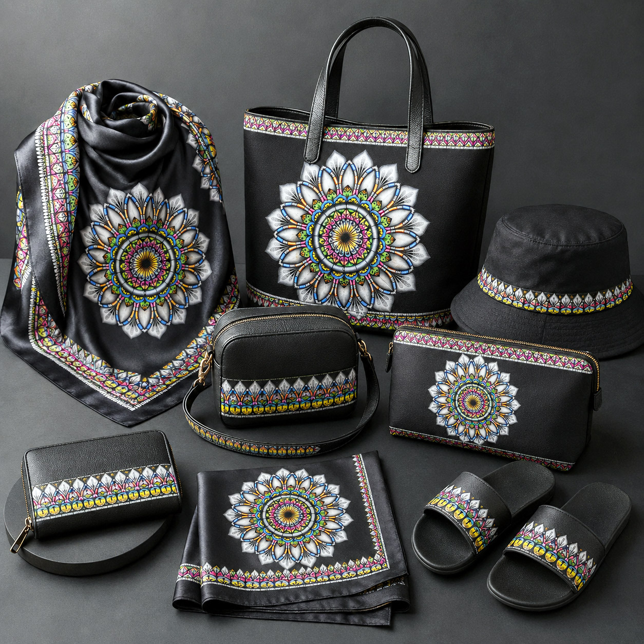 Leather goods and fashion accessories featuring the Radiance design system.