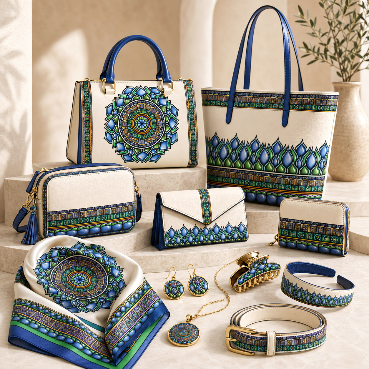 Leather goods and fashion accessories featuring the Emerald Dream design system.