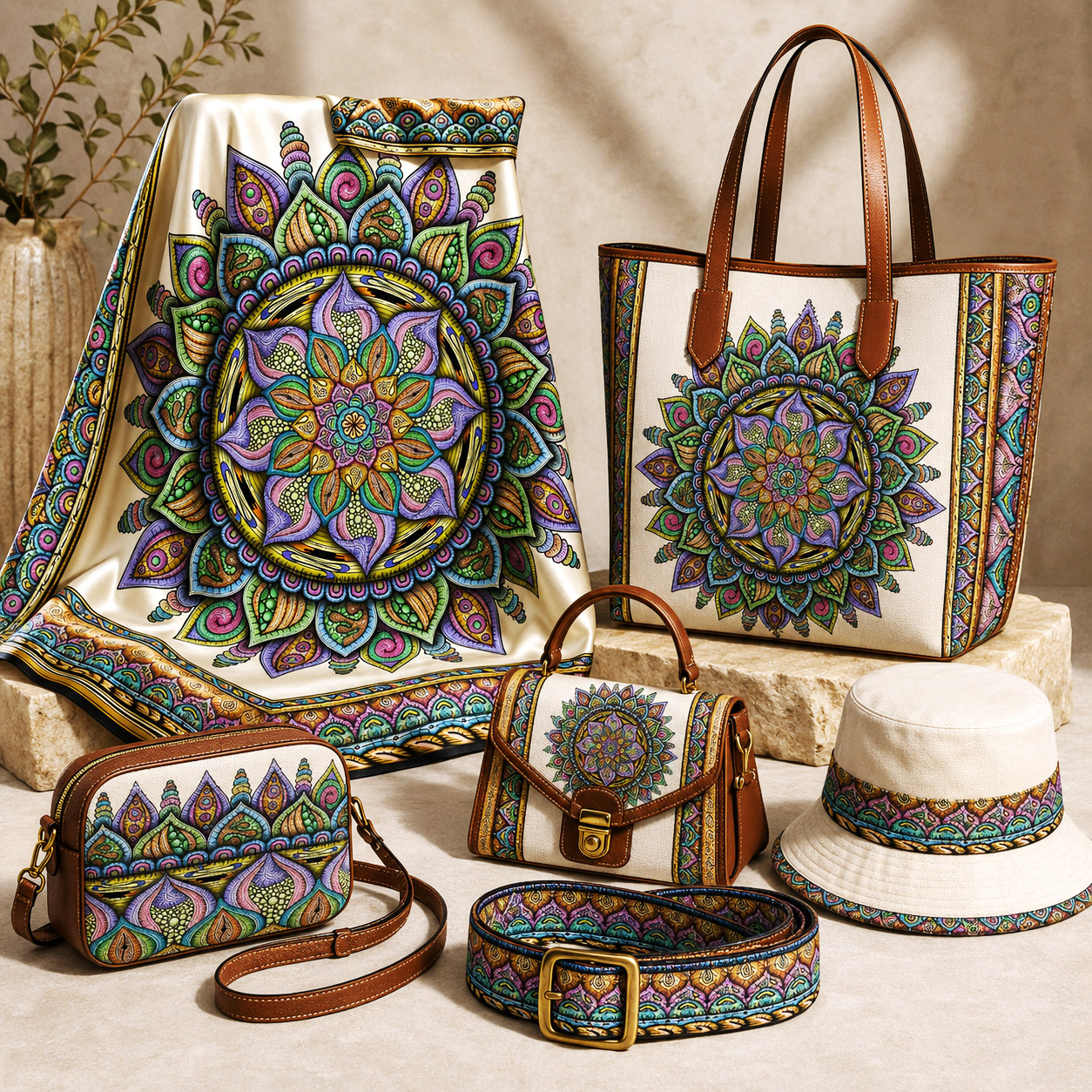 Leather goods and fashion accessories featuring the Fruitful design system.