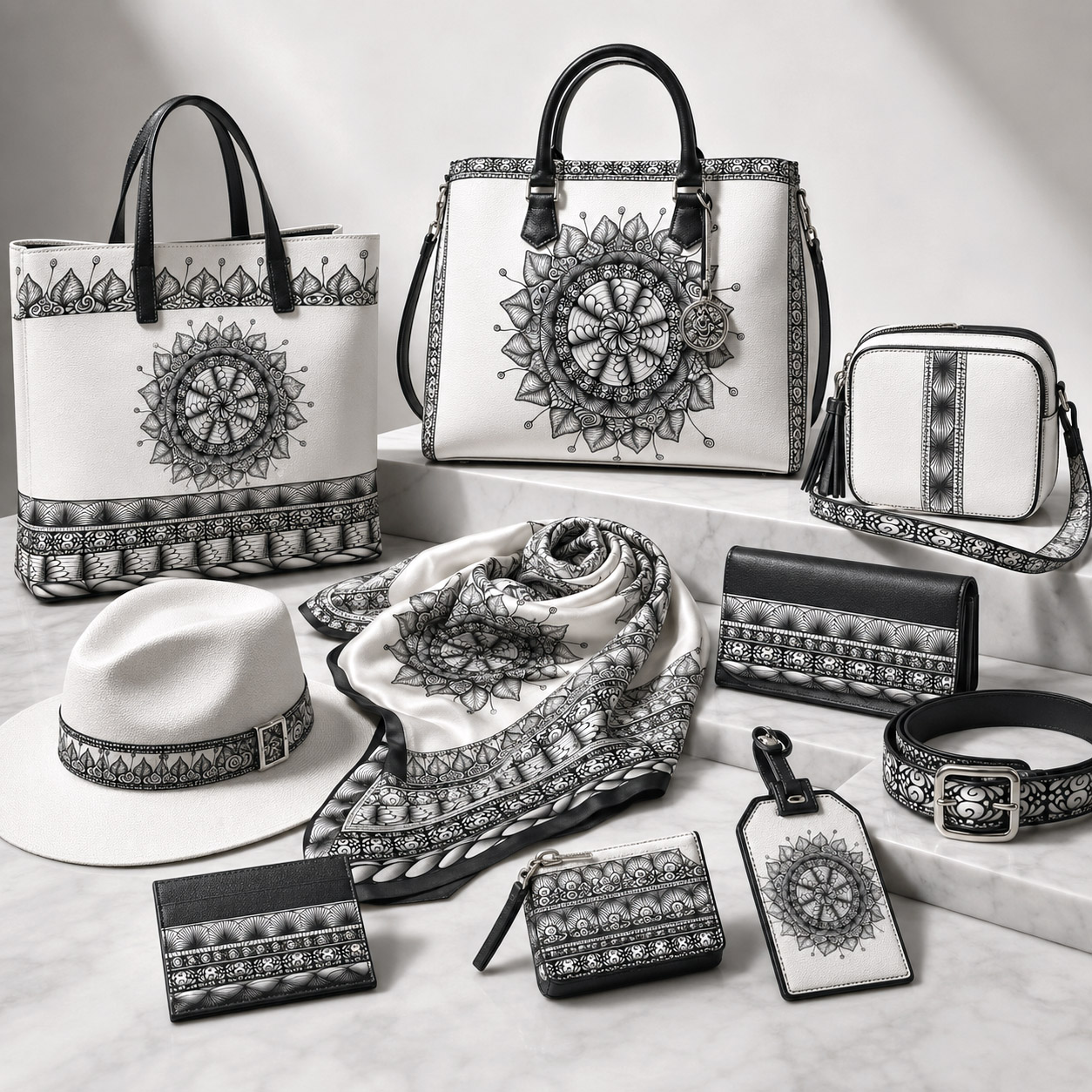 Leather goods and fashion accessories featuring the Mesmerize design system.