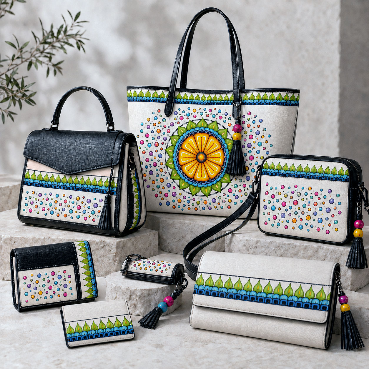 Leather goods and bags featuring the Surrender to Grace design system.