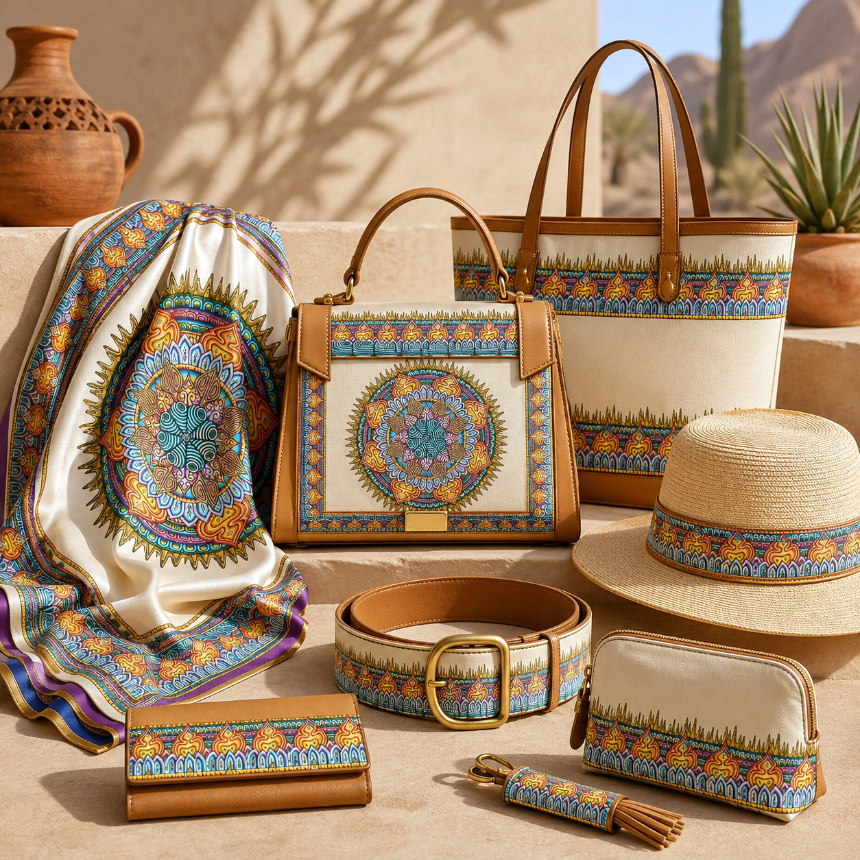 Leather goods and fashion accessories featuring the Desert Flame design system.