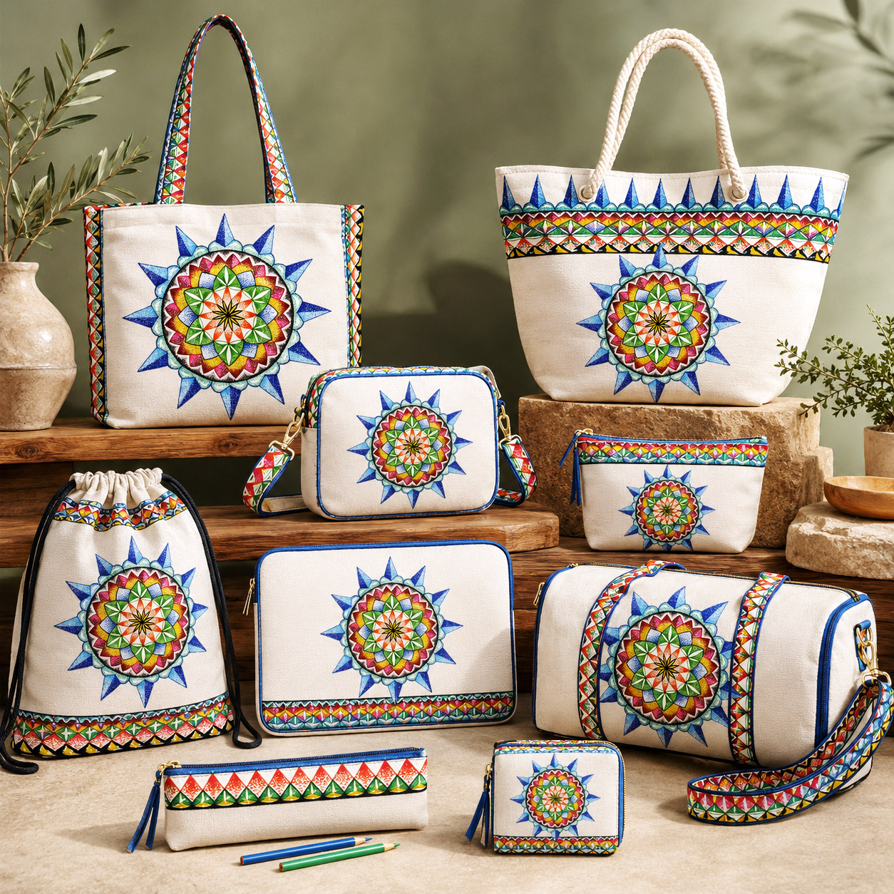 Bags and lifestyle accessories featuring the 420 Sacred Geometry design system.