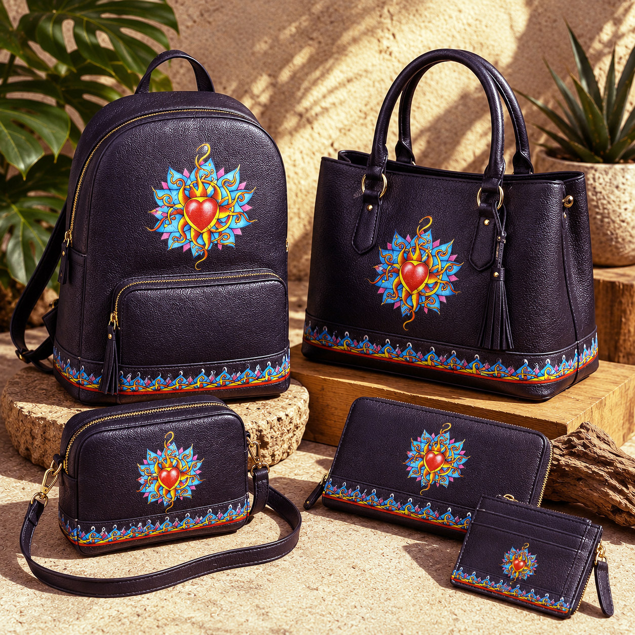 Leather goods and bags featuring the Wild At Heart design system.