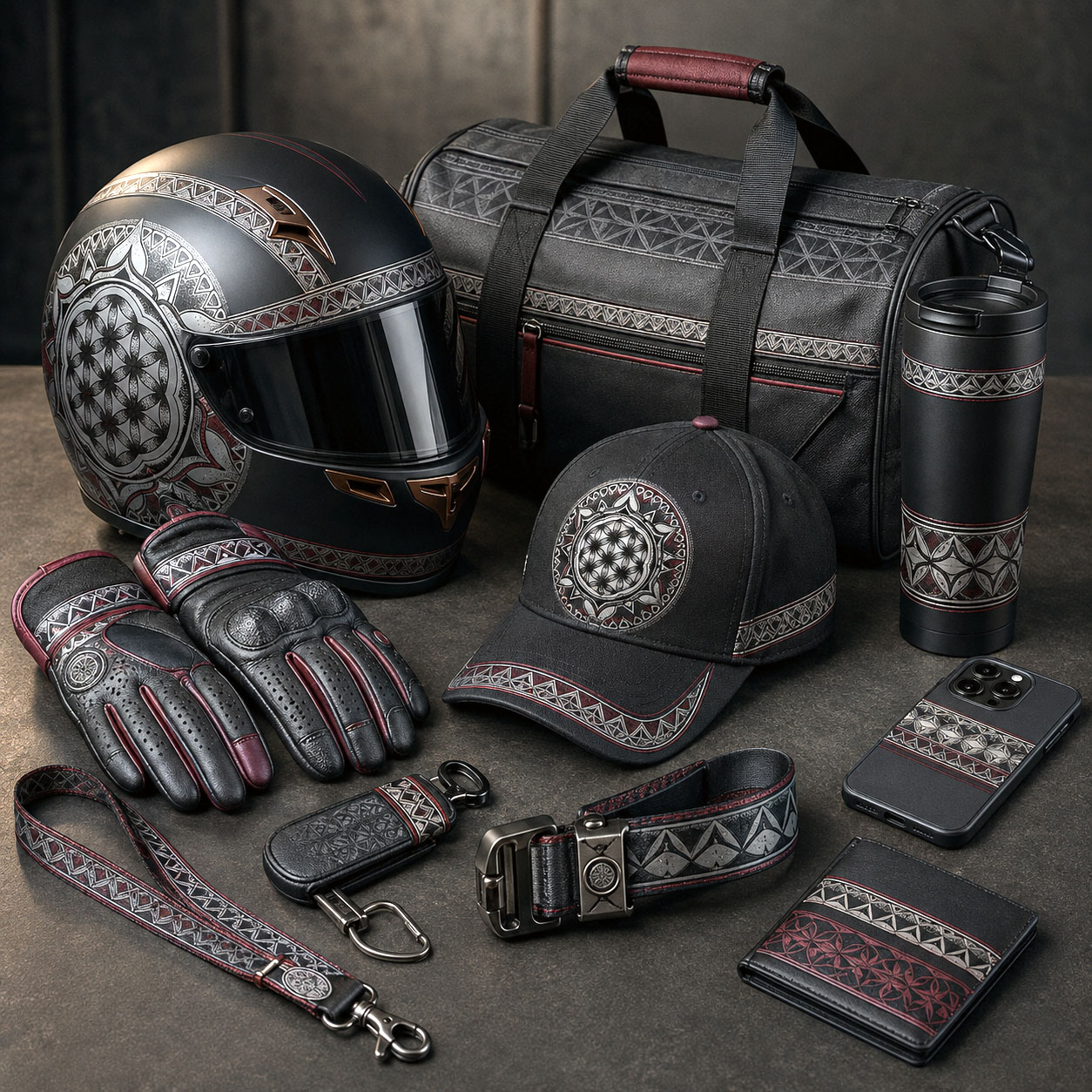 Motorsports collection featuring the Flower of Life design system.
