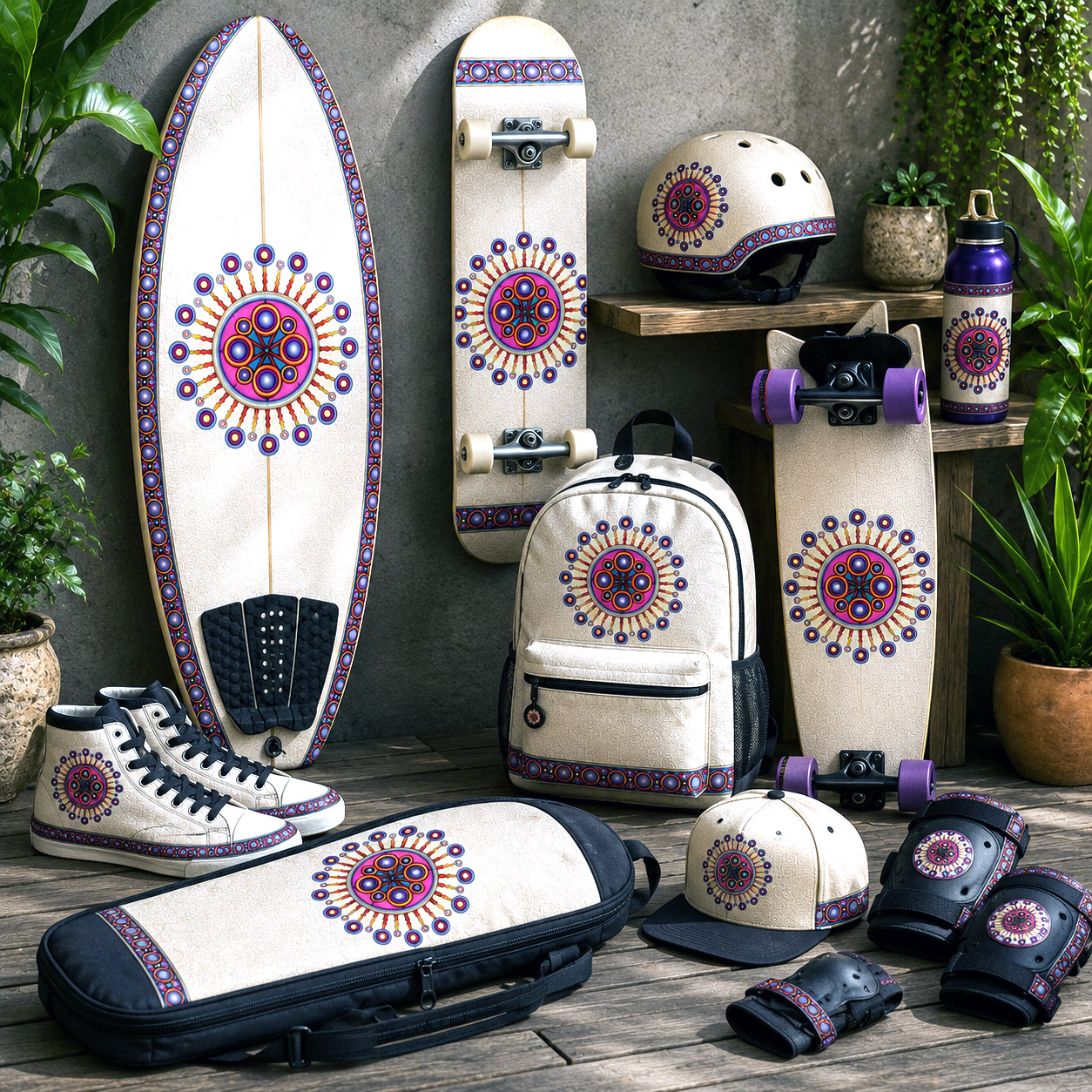 Board sports collection featuring the Corona de Mandala design system.