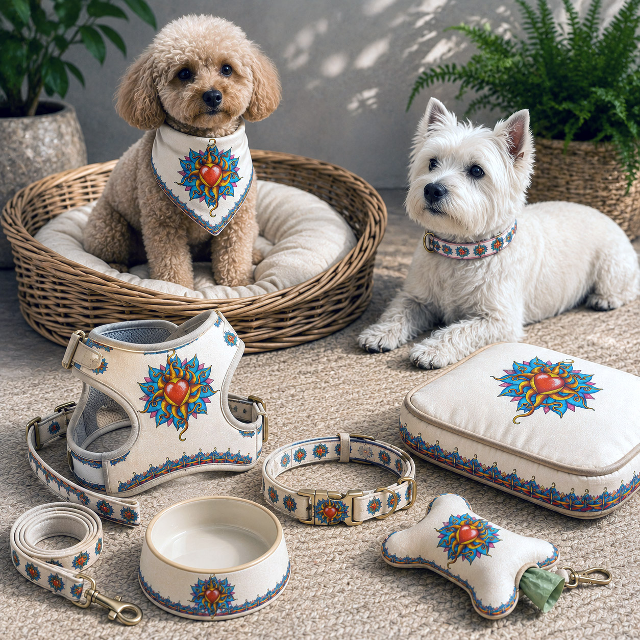 Pet accessories featuring the Wild At Heart design system.